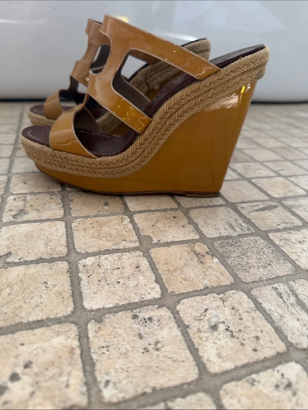 Christian Louboutin Tan Patent Leather Espadrille Wedge Sandals